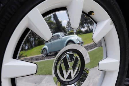 The logo of the Volkswagen is pictured during a ceremony marking the end of production of VW Beetle cars, at company's assembly plant in Puebla,