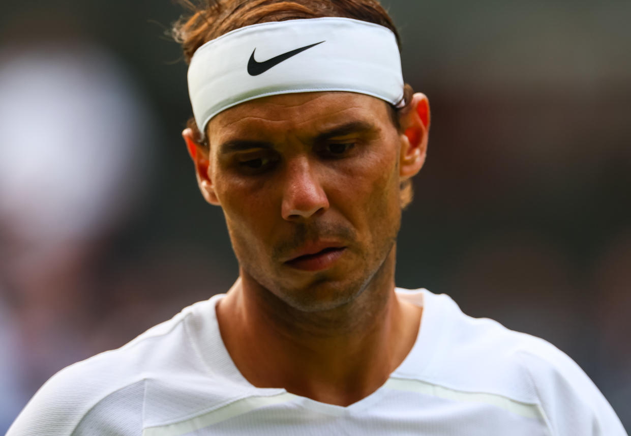 Rafael Nadal of Spain hits a forehand against Taylor Fritz of the United States during day ten of The Championships Wimbledon 2022 at All England Lawn Tennis and Croquet Club on July 06, 2022 in London, England. (Photo by Frey/TPN/Getty Images)