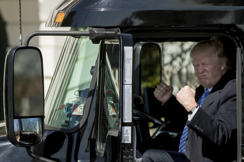 President Trump in an 18-wheeler truck. (AP)