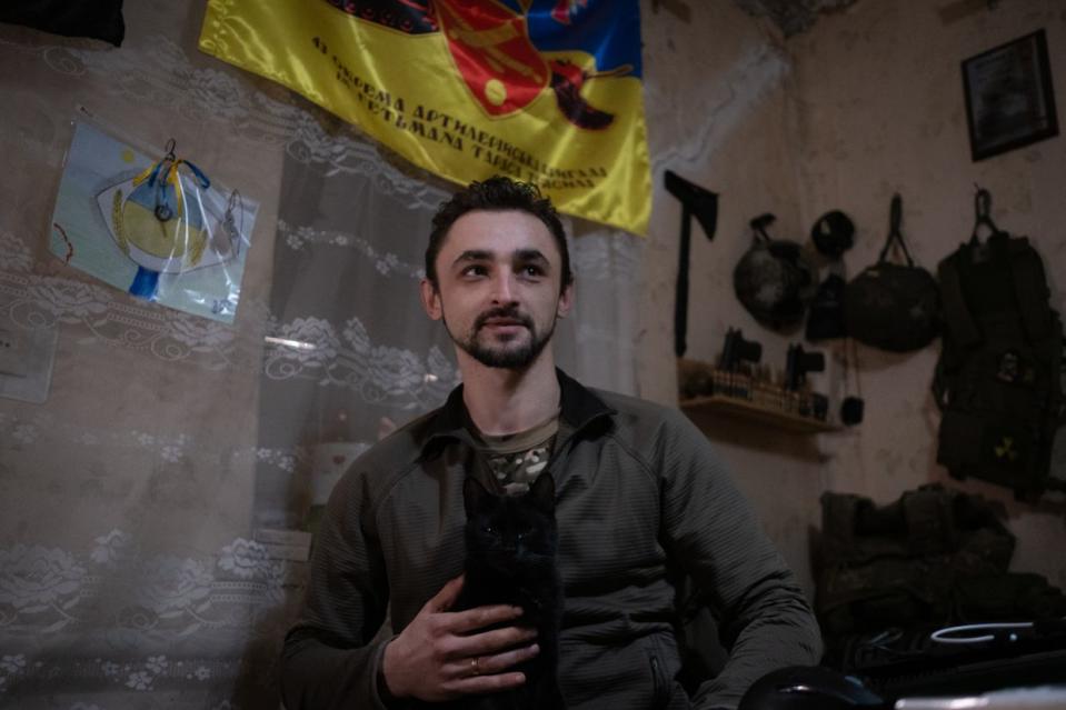 Roman Holodivskyi, battery commander of Ukraine's 43rd Artillery Brigade, at his base in Donetsk Oblast, on Feb. 8, 2023. (Francis Farrell/The Kyiv Independent)