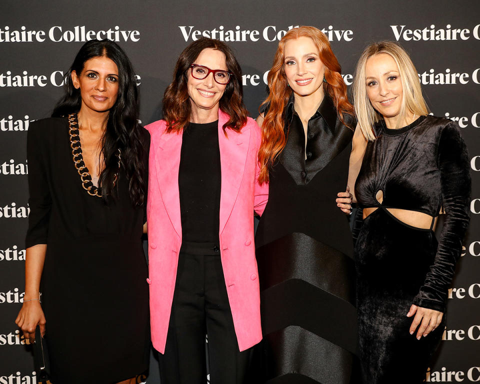Vestiaire Collective North America CEO Samina Virk, stylist Elizabeth Stewart, Jessica Chastain and Vestiaire Collective co-founder and president Fanny Moizant