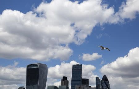 A bird flies past the London skyline in Britain April 28, 2015. REUTERS/Neil Hal