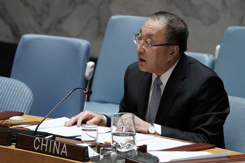 FILE PHOTO: Zhang Jun, China's Ambassador to the United Nations speaks at a Security Council meeting about Afghanistan at United Nations Headquarters in the Manhattan borough of New York City