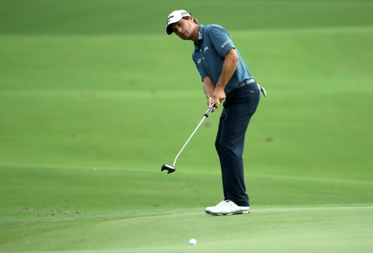 Kevin Kisner of the US plays his shot on the 14th green during the third round of the 2017 PGA Championship at Quail Hollow Club in Charlotte, North Carolina, on August 12