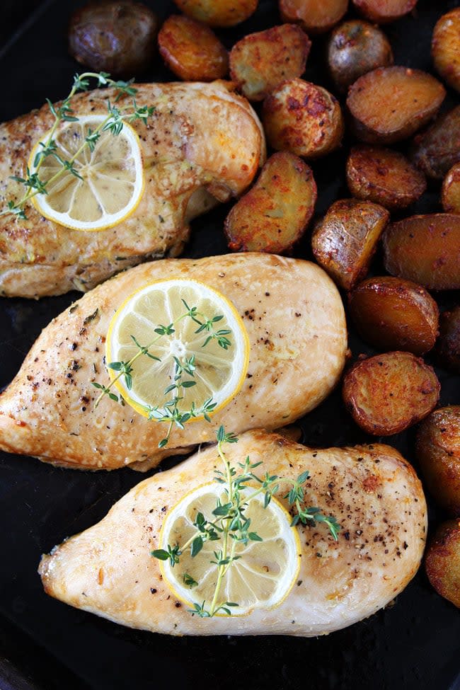 Sheet Pan Lemon Thyme Chicken With Smoked Paprika Potatoes from Two Peas & Their Pod