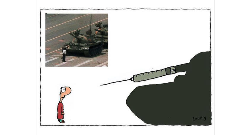 A cartoon by Michael Leunig comparing resistance to mandatory vaccination to the fight for democracy in Tiananmen Square. Source: Instagram/leunigstudio