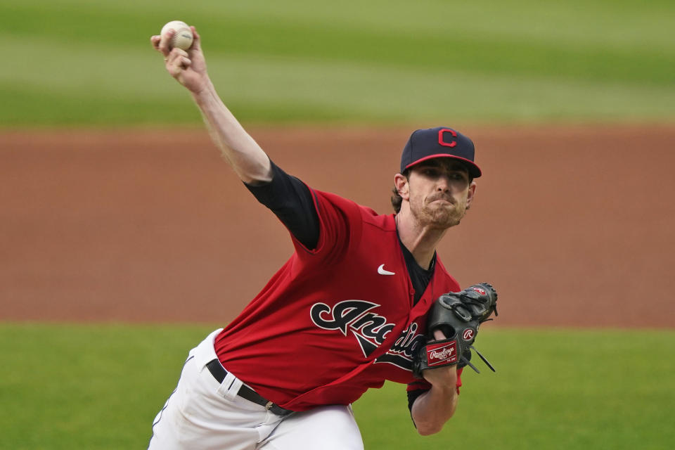 Cleveland Indians starting pitcher Shane Bieber delivers in the first inning of a baseball game against the Chicago White Sox, Wednesday, Sept. 23, 2020, in Cleveland. (AP Photo/Tony Dejak)