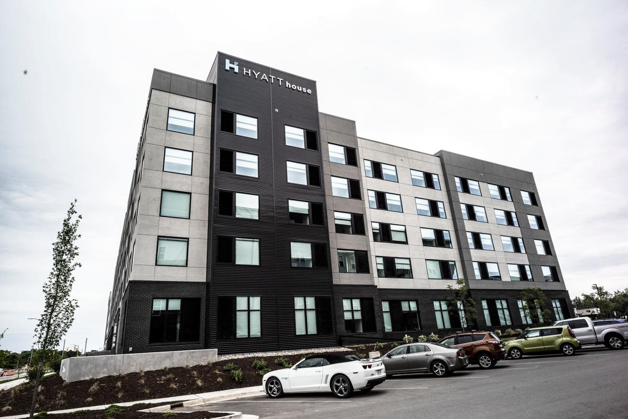 Located in this block-long building is the Hyatt House Hotel, AC Hotel Lansing and Toscana, an Italian steakhouse which are all connected Tuesday, Aug. 22, 2023.