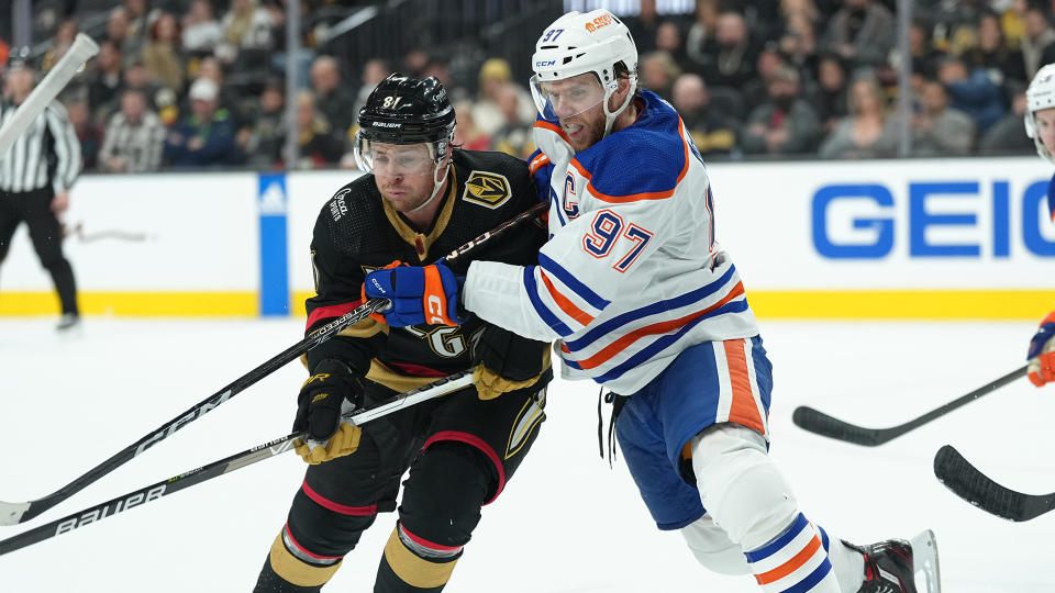 The Golden Knights and Oilers duke it out in a battle for Pacific Division supremacy. (Photo by Jeff Bottari/NHLI via Getty Images)