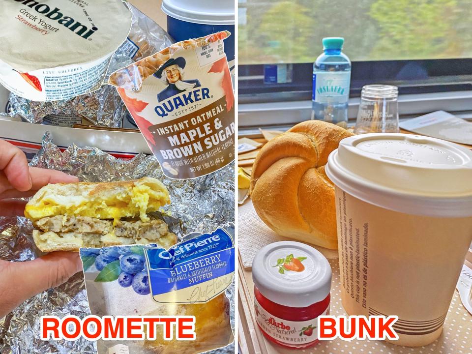 Side-by-side of breakfast in Amtrak roomette (L) and in Nightjet bunk (R), Joey Hadden, "Amtrak roomette and Nightjet shared bunk compared: photos"