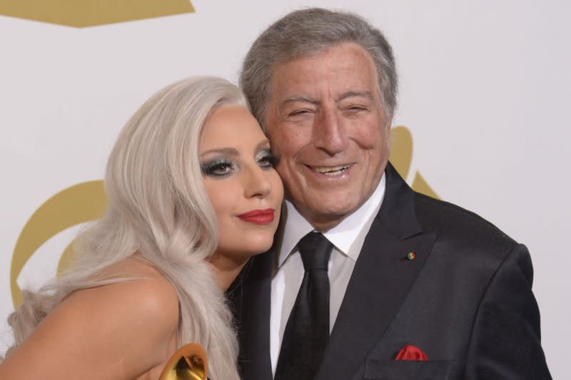 Tony Bennett (R) and Lady Gaga attend the Grammy Awards in 2015. File Photo by Phil McCarten/UPI