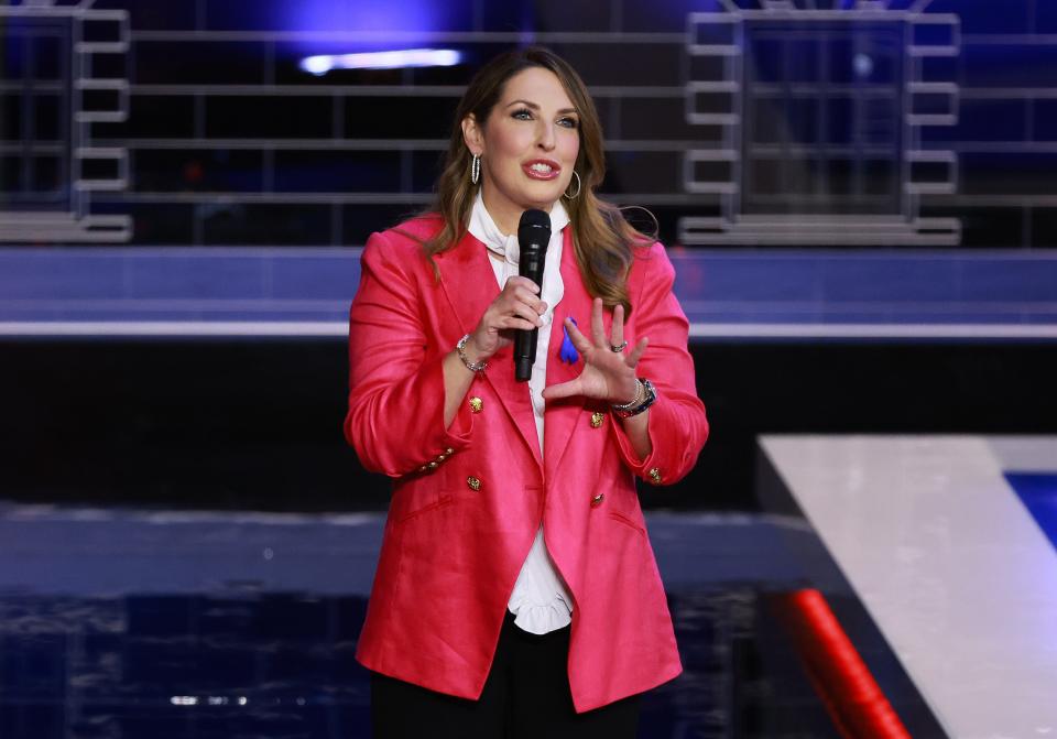 RNC Chairwoman Ronna McDaniel delivers remarks before the NBC News Republican presidential primary debate at the Adrienne Arsht Center for the Performing Arts of Miami-Dade County on Nov. 8, 2023, in Miami.