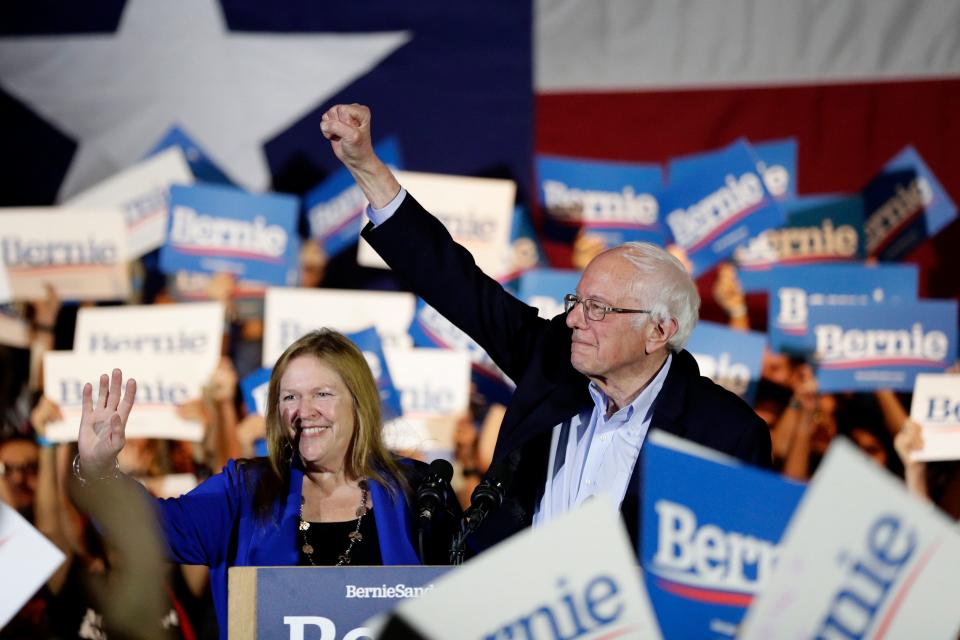 Democratic presidential candidate Sen. Bernie Sanders, I-Vt., right, with his wife Jane, speaks during a campaign event in San Antonio, Saturday, Feb. 22, 2020.
