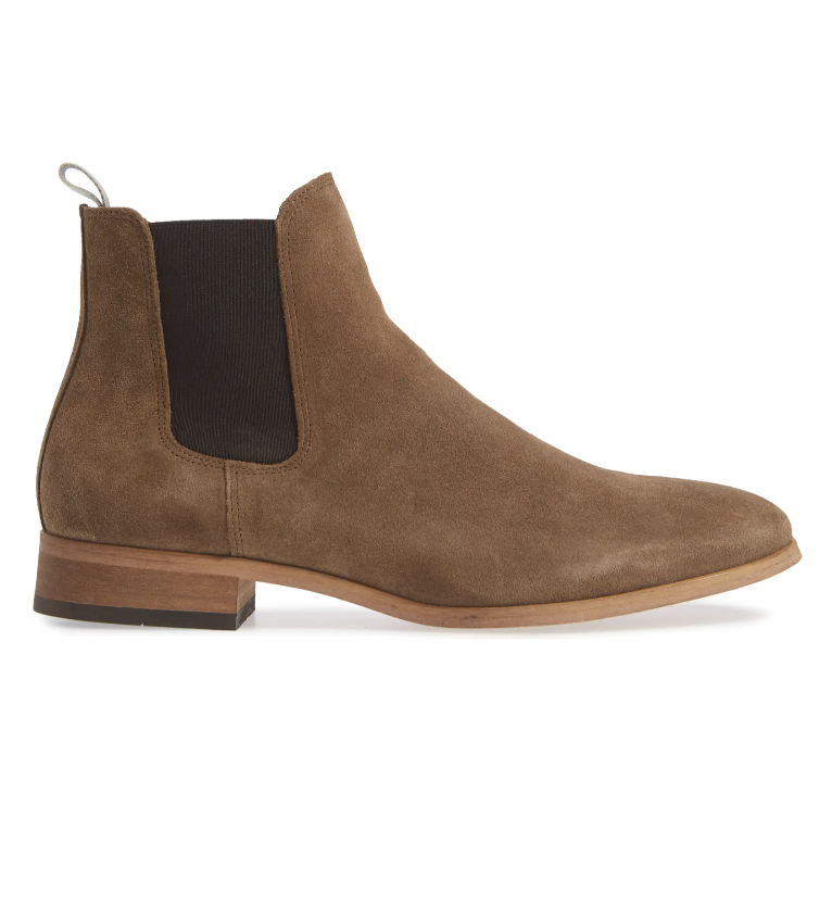 Shoe the Bear Dev Chelsea Boot in brown suede on white background (Photo via Nordstrom)