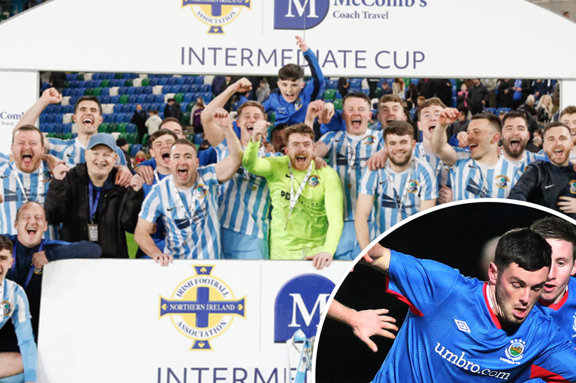 Photo showing Immaculata celebrating their Intermediate Cup success and (inset) Brian McCaul playing for Linfield