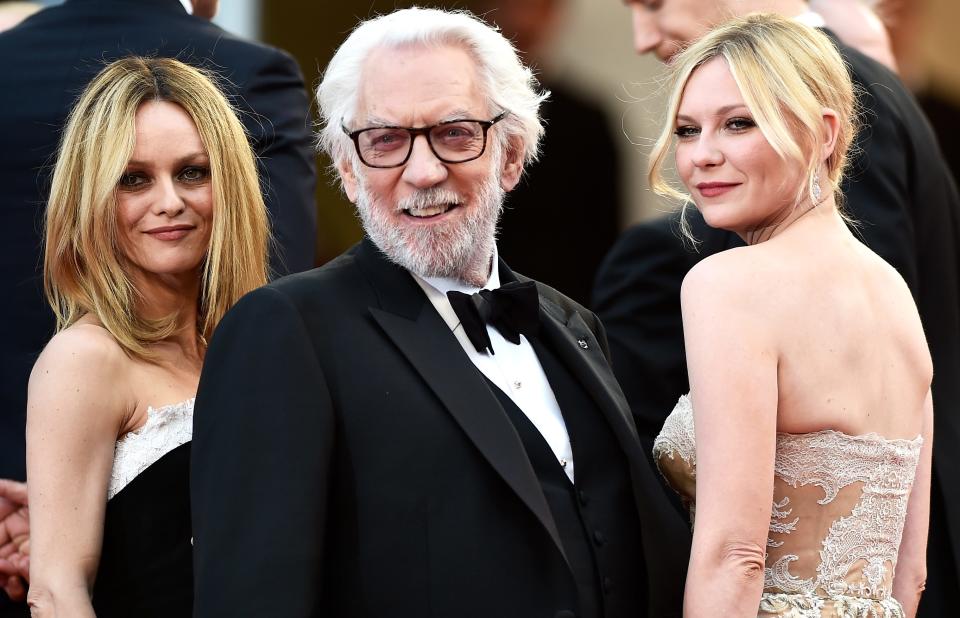 Jury members Vanessa Paradis (L), Kirsten Dunst (R) and Donald Sutherland (C) attend the closing ceremony of the 69th annual Cannes Film Festival at the Palais des Festivals on May 22, 2016 in Cannes, France.