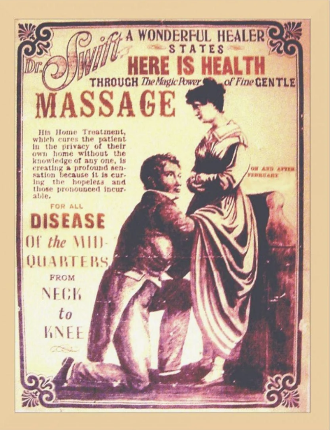 An old advertisement for Dr. Swift promoting a massage treatment for various diseases, featuring a woman receiving a massage from a man. Text details treatment benefits