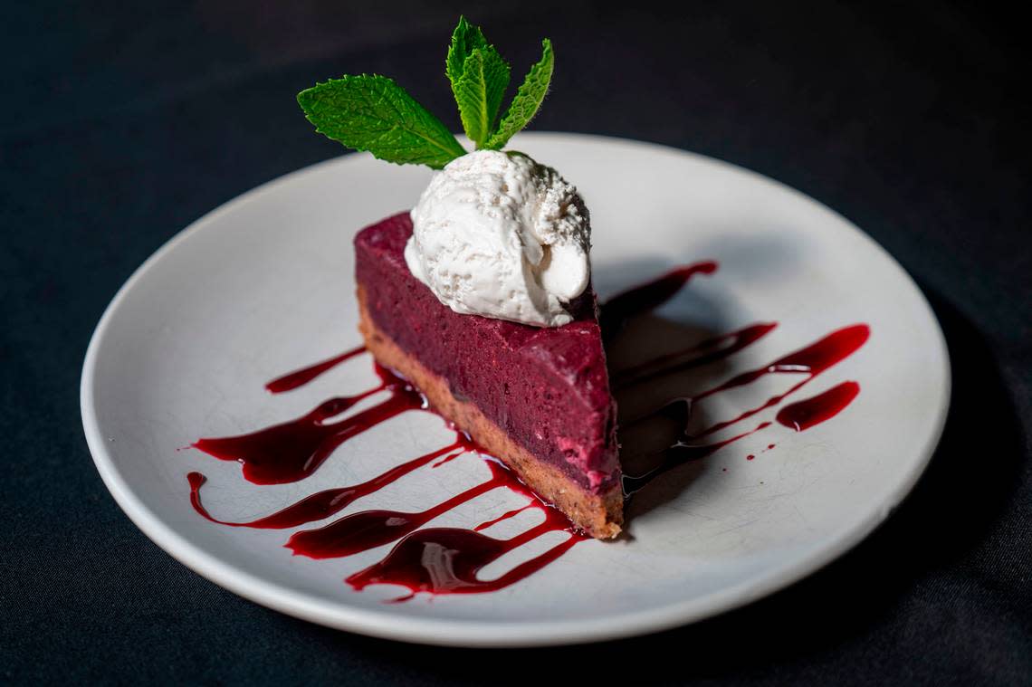 End your romantic meal at Over the Moon with a slice of chef-owner Deanna Harris-Bender’s unique berry pie, a date crust and dense mousse-like creation sweetened with coconut manna.