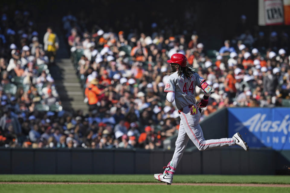 Cincinnati Reds' Elly De La Cruz runs the bases after hitting solo home run against the San Francisco Giants during the fourth inning of a baseball game Saturday, May 11, 2024, in San Francisco. (AP Photo/Godofredo A. Vásquez)