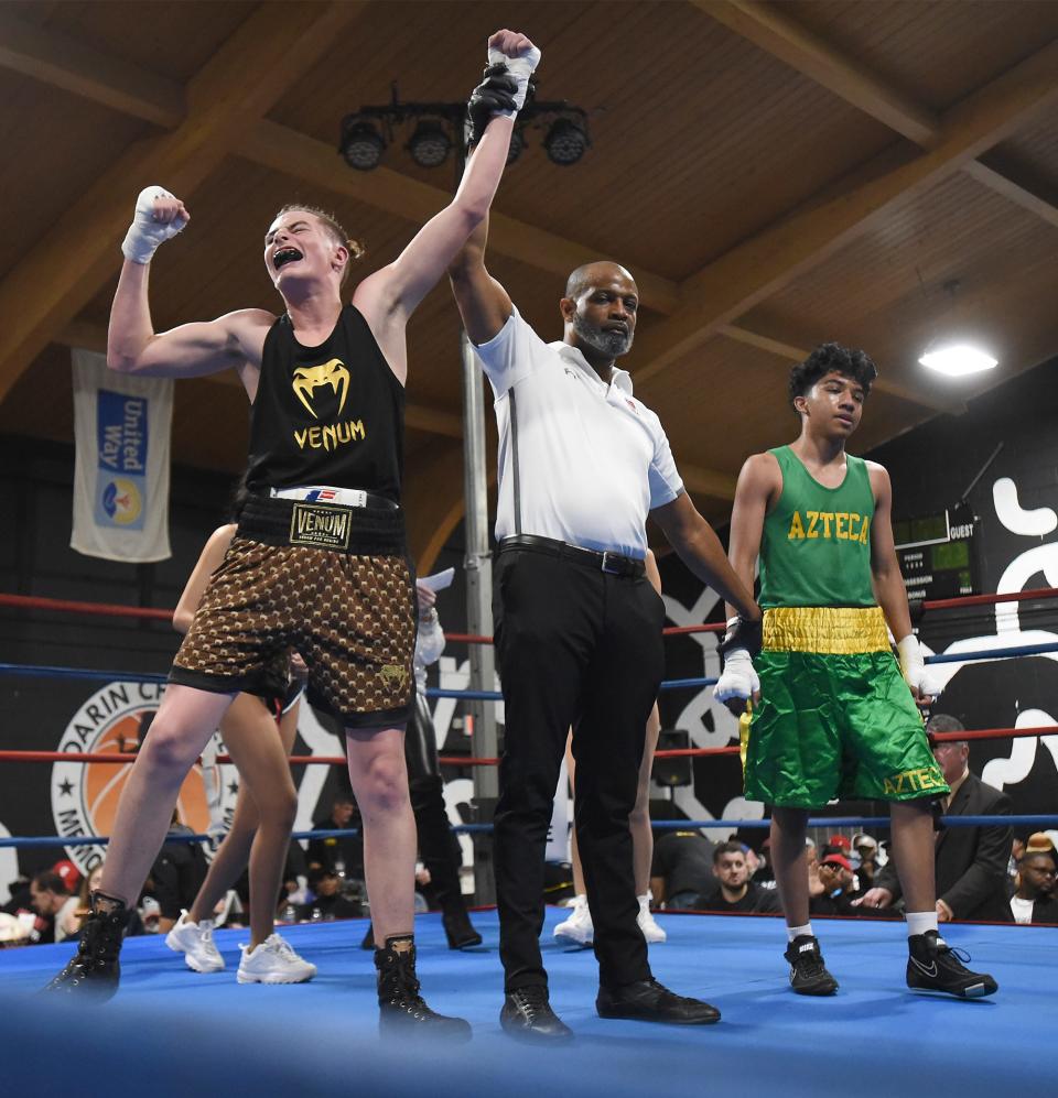 Amateur Ari Hunter of Joe’s-ALCC boxing was ecstatic as the referee James Easter raised his arm beating Juan Jucinos of Azteca Boxing at the Opportunity Center at the Arthur Lesow Community Center Saturday night November 18, 2023.