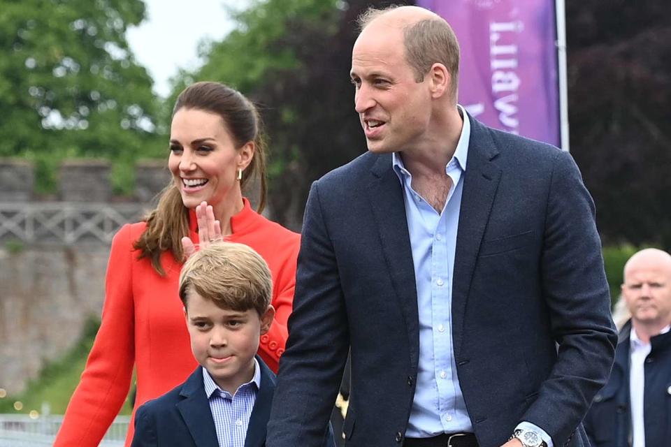 <p>Getty</p> Kate Middleton, Prince George and Prince William visit Wales in June 2022