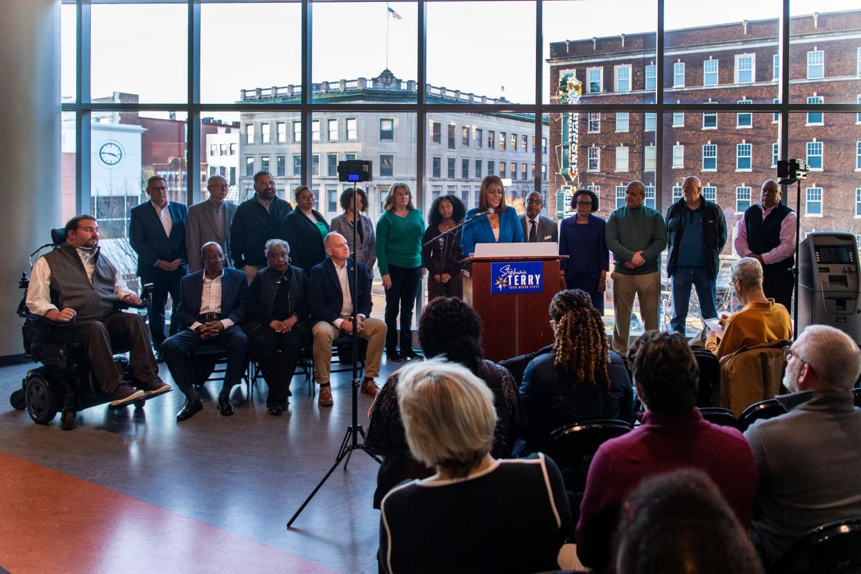Evansville Mayor-elect Stephanie Terry introduces her transition team during a press conference at Ford Center in Downtown Evansville, Ind., Wednesday morning, Nov. 29, 2023.