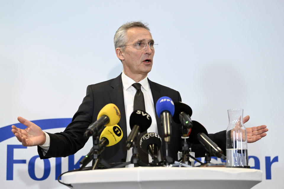 NATO Secretary General Jens Stoltenberg speaks during a news conference at the annual Society and Defence Conference in Salen, Sweden, Sunday, Jan. 8, 2023. (Henrik Montgomery/TT News Agency via AP)