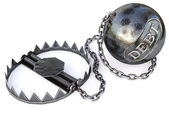 A bear trap with debt ball attached by a chain.