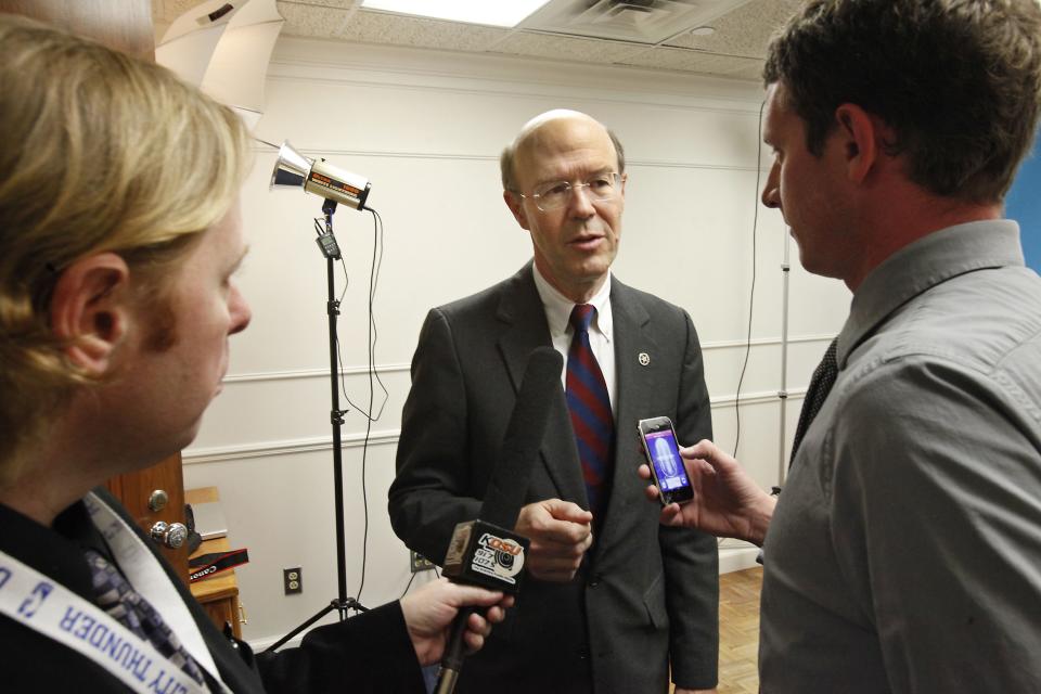 Oklahoma Corporation Commissioner Bob Anthony talks to the media in 2012 at the state Capitol.