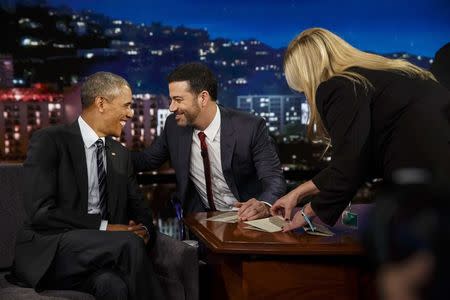 President Barack Obama talks to host Jimmy Kimmel during a taping of the Jimmy Kimmel Live! show in the Hollywood neighborhood of Los Angeles, California, U.S., October 24, 2016. REUTERS/Marcus Yam/POOL