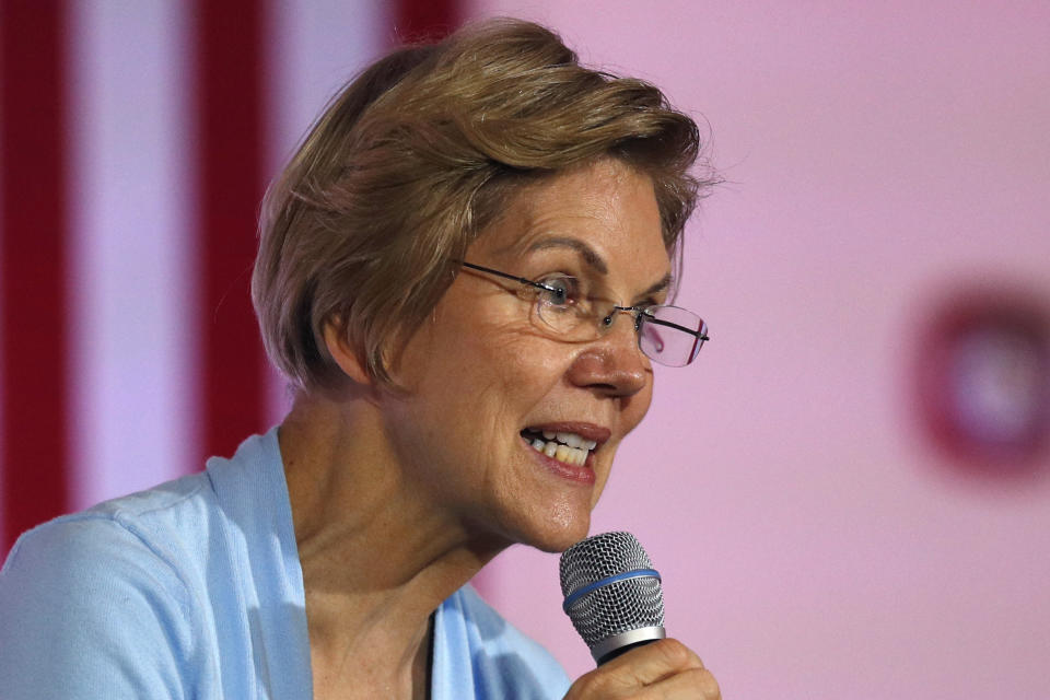 Democratic presidential candidate Sen. Elizabeth, D-Mass., speaks at a town hall campaign event, Monday, Feb. 10, 2020, in Portsmouth, N.H. (AP Photo/Robert F. Bukaty)