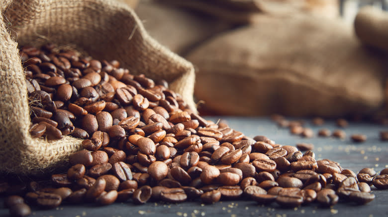 coffee beans in rustic sack