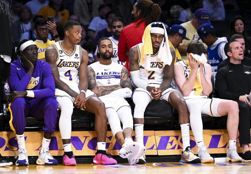 LOS ANGELES, CA - MAY 20: The Los Angeles Lakers bench watches the final seconds of the fourth quarter of game.