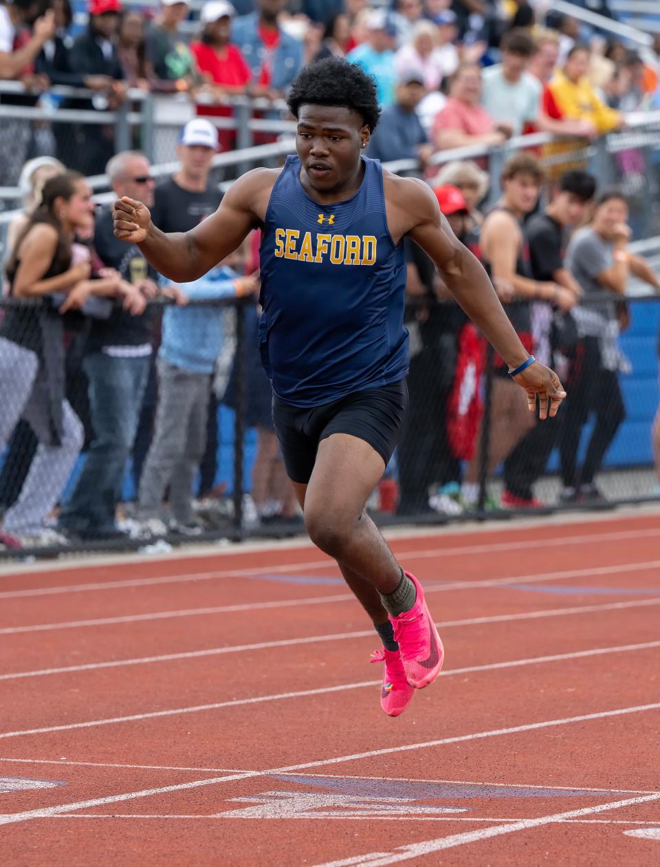 Seaford’s Jazonte Levan wins the Division II 200 at the DIAA Track and Field Championships on Saturday, May 20, 2023, at Dover High.