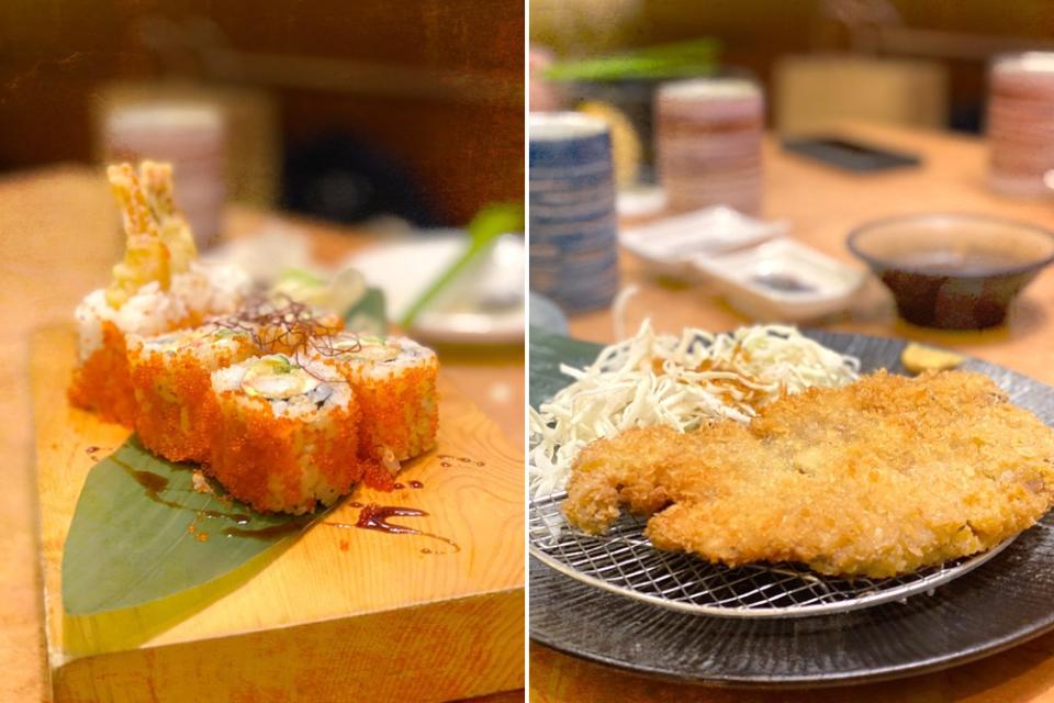 Dragon Roll (left) and 'kurobuta tonkatsu.' (right).