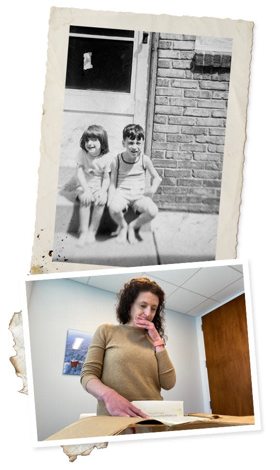 Top: Reporter Mary Spicuzza and her brother in 1978, the year of Augie Palmisano's death. Bottom: Spicuzza in 2023 researching documents related to Palmisano's death.