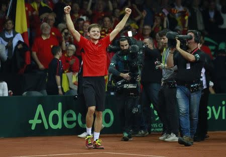 Tennis - Belgium v Great Britain - Davis Cup Final - Flanders Expo, Ghent, Belgium - 27/11/15 Men's Singles - Belgium's David Goffin celebrates his win after his match against Great Britain's Kyle Edmund Action Images via Reuters / Jason Cairnduff Livepic