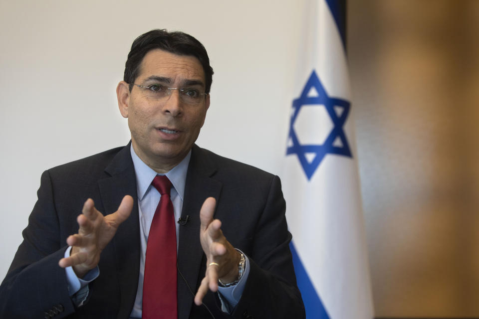 Israel's outgoing ambassador to the United Nations Danny Danon speaks during an interview with The Associated Press in the central Israeli city of Ra'anana, Tuesday, July 28, 2020. Danon affirmed the country’s bond with the Trump administration, dismissing notions that Israel would pay a price for its tight ties to the divisive president should he be defeated in November. Danon said he was relieved that the more radical forces in the Democratic Party failed to win the party’s nomination and that Israel could prosper with either Trump or Joe Biden in the White House. (AP Photo/Sebastian Scheiner)