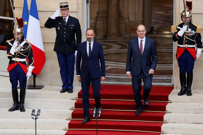 Handover ceremony between outgoing PM Edouard Philippe and newly-appointed PM Jean Castex