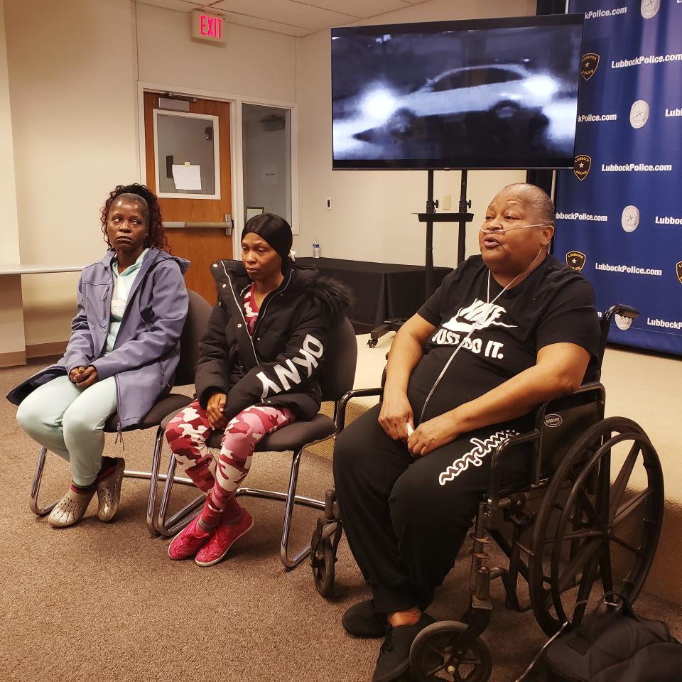 From left, Natasha Carrington, Tiffany Carrington and Wanda Benson, speak with members of the Lubbock news media on Monday, asking people to come forward with information on the Dec. 17, 2021, shooting death of her great-grandson, 4-year-old Cornelius Carrington