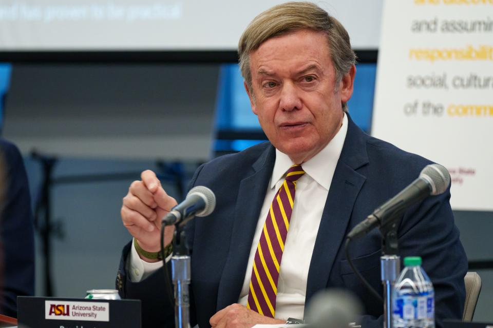 President of Arizona State University, Michael Crow, speaks at a meeting with the Arizona Board of Regents concerning ASU's plans for a medical school, held in the Fulton Center on ASU's Tempe Campus on June 1, 2023.