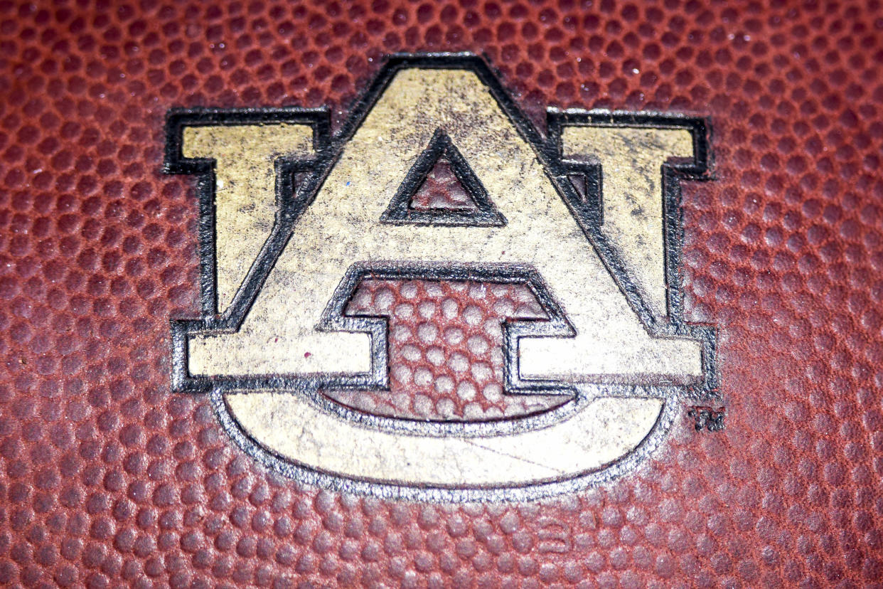 08 October 2016: An Auburn Tigers logo on a football during the Auburn Tigers 38-14 win over the Mississippi State Bulldogs game at Davis Wade Stadium in Starkville, Mississippi.  (Photo by Andy Altenburger/Icon Sportswire via Getty Images).