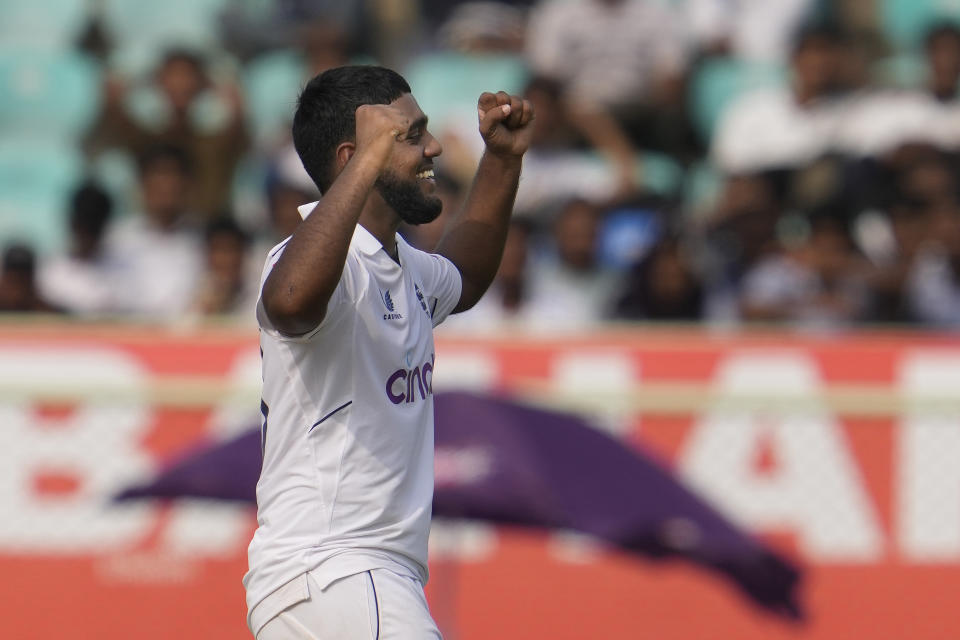 England's Rehan Ahmed celebrates the wicket of India's Rajat Patidar on the first day of the second cricket test match between India and England in Visakhapatnam, India, Friday, Feb. 2, 2024. (AP Photo/Manish Swarup)