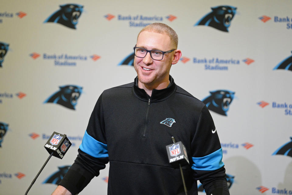 Carolina Panthers NFL football team's new offensive coordinator Joe Brady listens to a question from the media during his introductory press conference at Bank of America Stadium in Charlotte, N.C., Friday, Jan. 17, 2020. (David T. Foster III/The Charlotte Observer via AP)