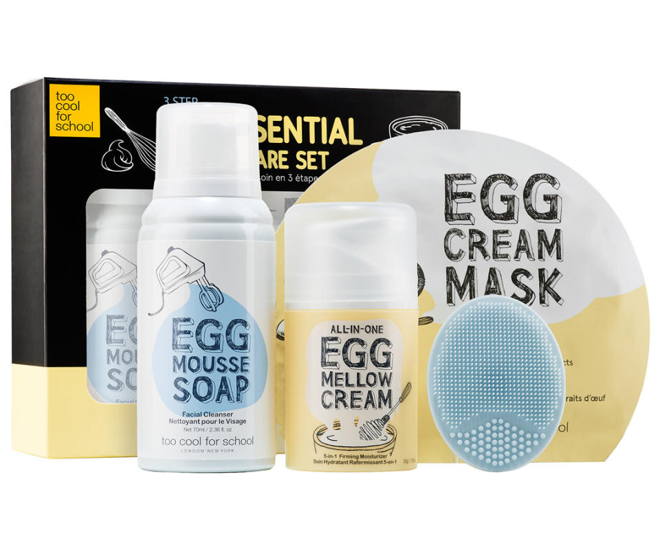 <p>Eggs may be a brunch staple, but they also work wonders for clearing up skin, too. Too Cool For School's lineup of K-beauty skincare products is the perfect way to treat herself to an after-school spa day. </p> <p>$39 | <a rel="nofollow noopener" href="http://click.linksynergy.com/fs-bin/click?id=93xLBvPhAeE&subid=0&offerid=429865.1&type=10&tmpid=719&RD_PARM1=http%253A%252F%252Fwww.sephora.com%252Fegg-ssential-skincare-set-P412409%253FskuId%253D1859636%2526icid2%253Dproducts%252520grid%253Ap412409&u1=ISELteengiftguide" target="_blank" data-ylk="slk:SHOP IT;elm:context_link;itc:0;sec:content-canvas" class="link ">SHOP IT</a></p>