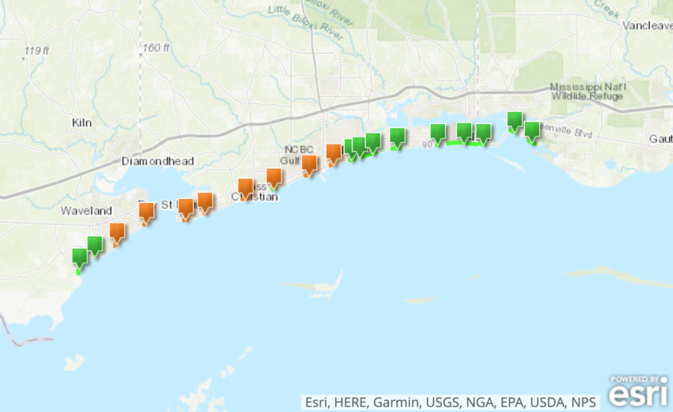 Eight beaches across the Mississippi Coast are under water contact advisories after the Mississippi Department of Environmental Quality found high levels of bacteria. Screenshot from MDEQ