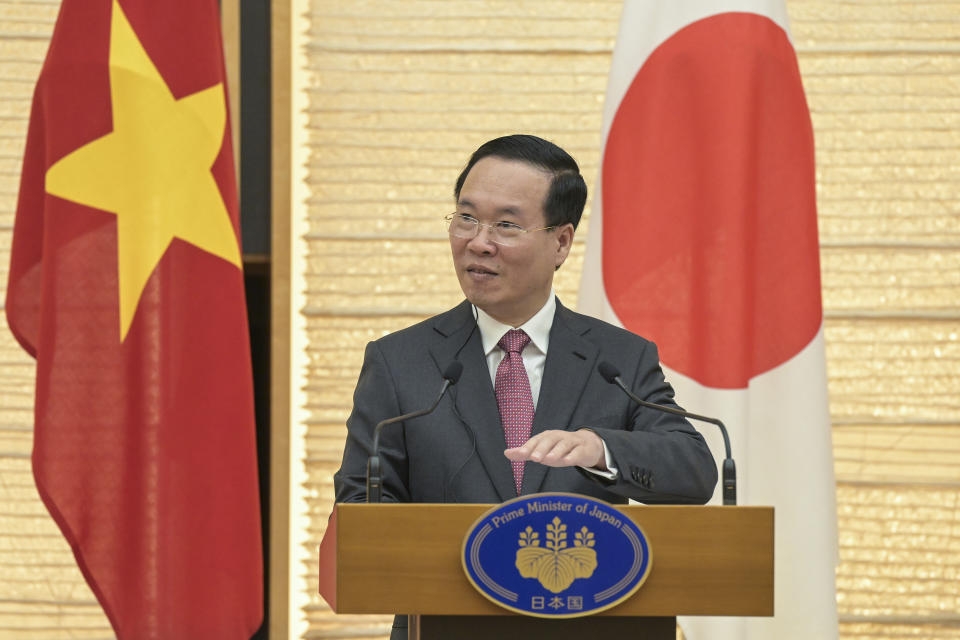 Vietnam's President Vo Van Thuong addresses the media during a joint press conference with Japan's Prime Minister Fumio Kishida after their meeting at the prime minister's official residence in Tokyo, Japan, Monday, Nov. 27, 2023. (Richard A. Brooks/Pool Photo via AP)