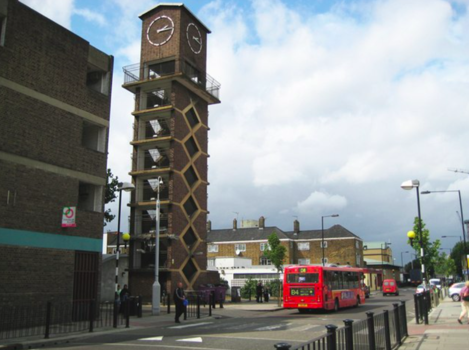 Chrisp Street Market Clock Tower and The Festival Inn, Poplar, London