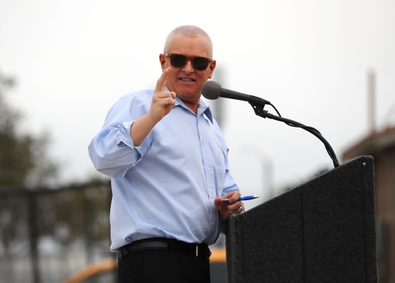 PLAYA DEL REY, CA - JUNE 17, 2021: Los Angeles City Councilman Mike Bonin speaks during the opening ceremony for Argo Drain Sub-Basin Facility Project on June 17, 2021 in Playa Del Rey, California. Bonin is the subject of a recall because of the Venice homeless situation. (Gina Ferazzi / Los Angeles Times)