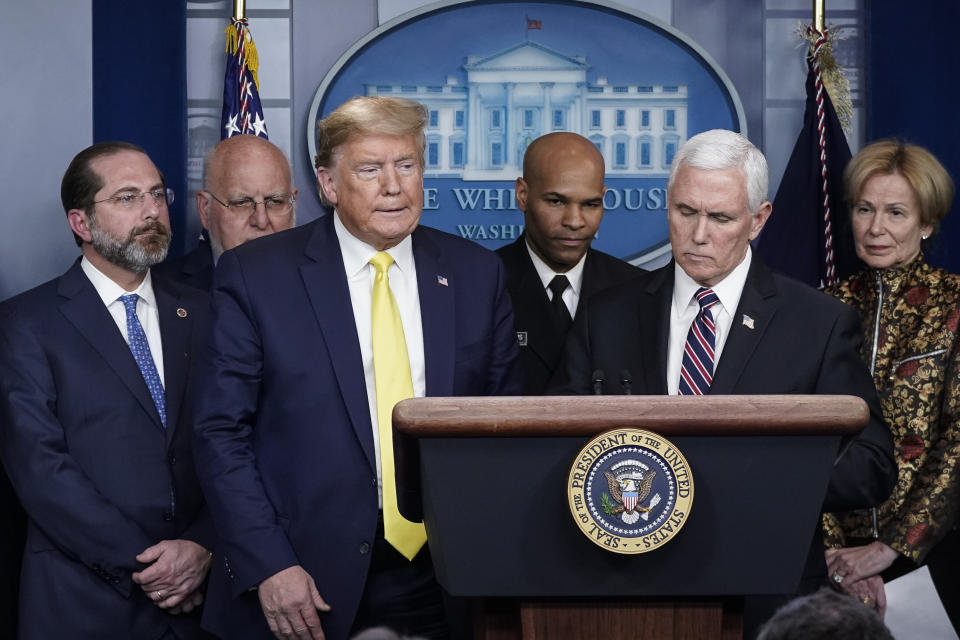 President Donald Trump, Vice President Mike Pence and other administration officials hold a press briefing March 9 with members of the White House Coronavirus Task Force team. (Photo: Drew Angerer via Getty Images)